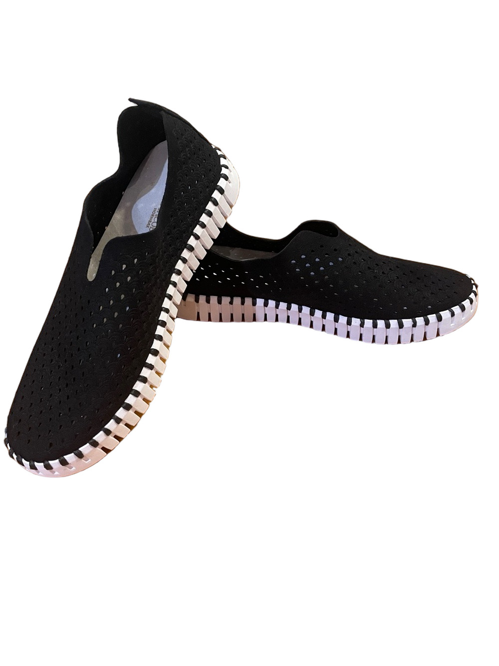 Ilse Jacobsen Black Perforated Slip-On Sneakers with White Accent Sole